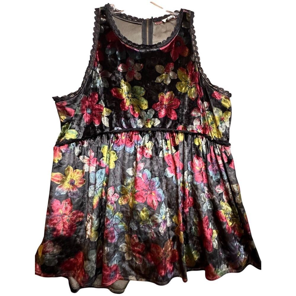 Pol Floral‎ Babydoll Blouse Womens L Black Colorful Velvet Sleeveless Peplum Hem